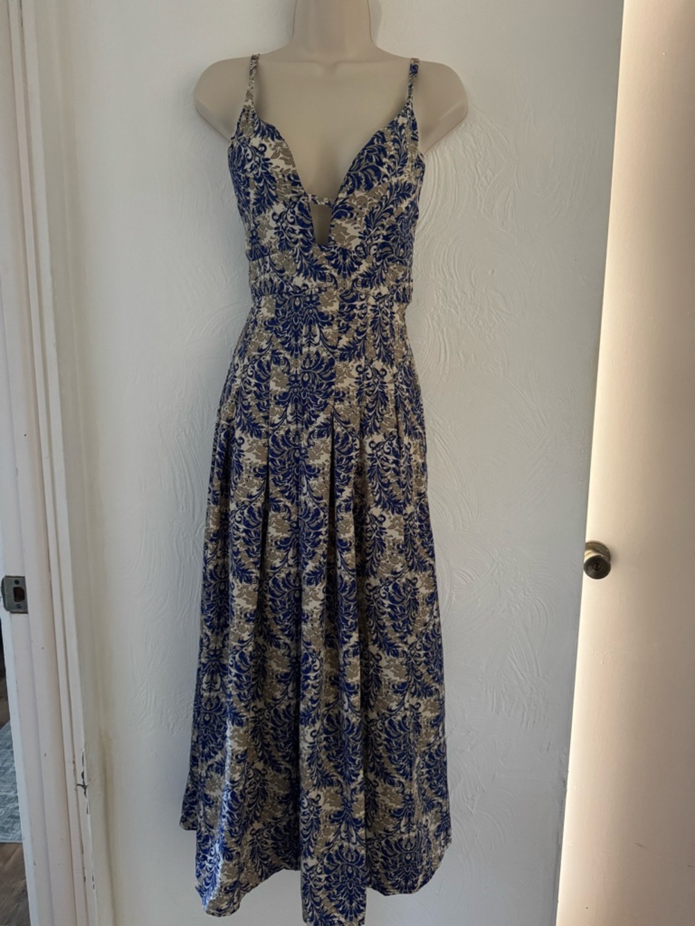 Blue and Cream Floral Maxi Dress - Sleeveless V-Neck